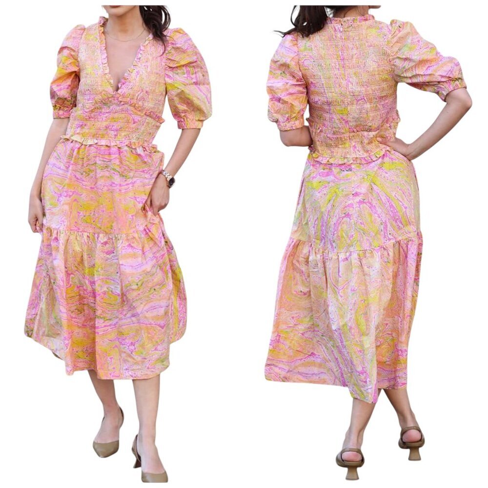 Jessie Zhao Astrid Marble Smocked Midi Dress Pink Yellow Size 2 NWT Cotton
